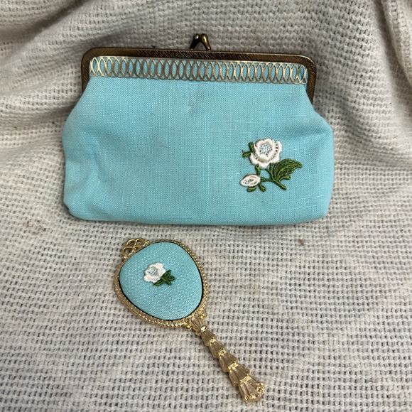 Handbags - Vintage Kiss Lock Coin Purse Mirror Set Aqua Embroidered Rose Coquette Cottage